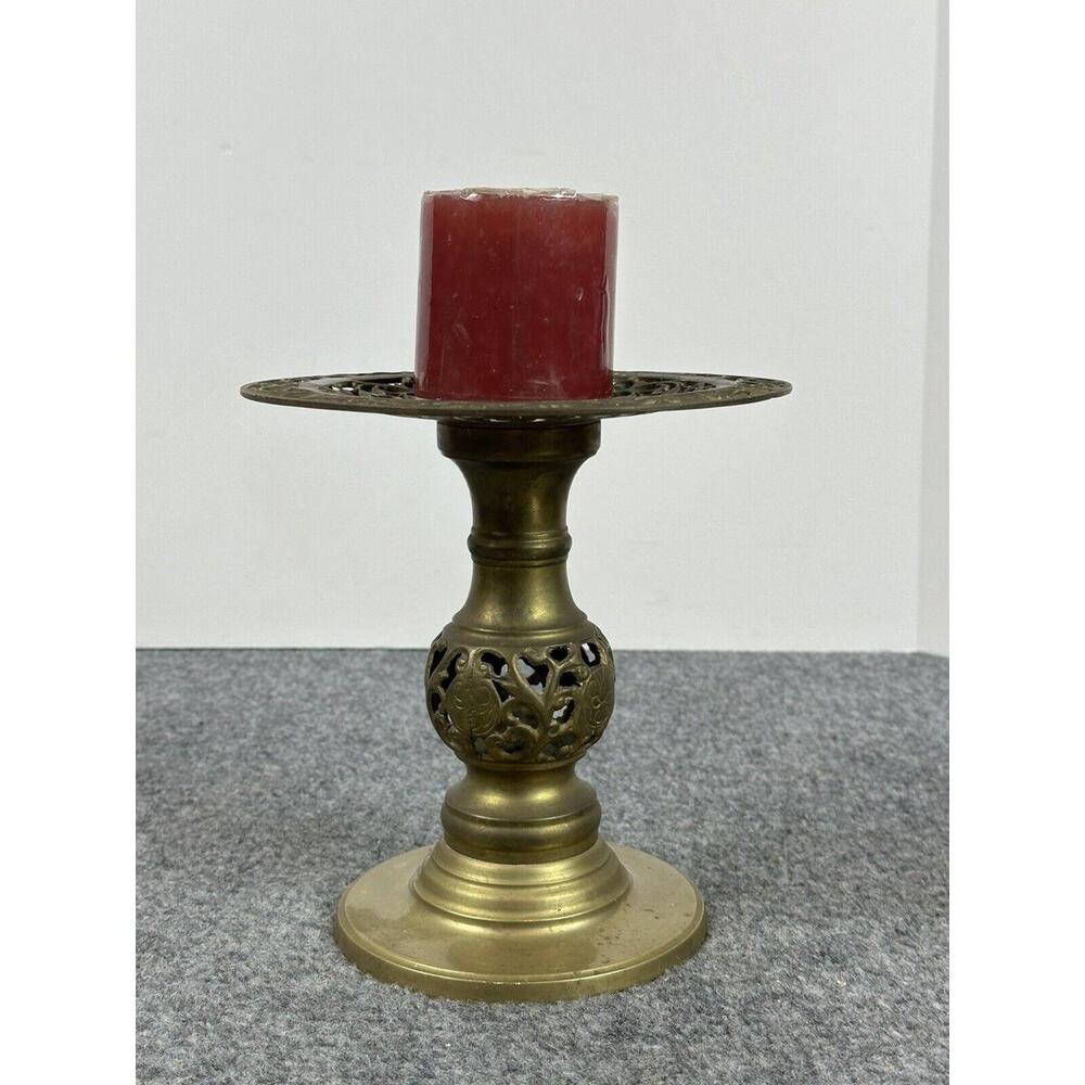 Vintage Filigree Cut Work Pierced Solid Brass Candle Holder Stand 8 1/4” Tall